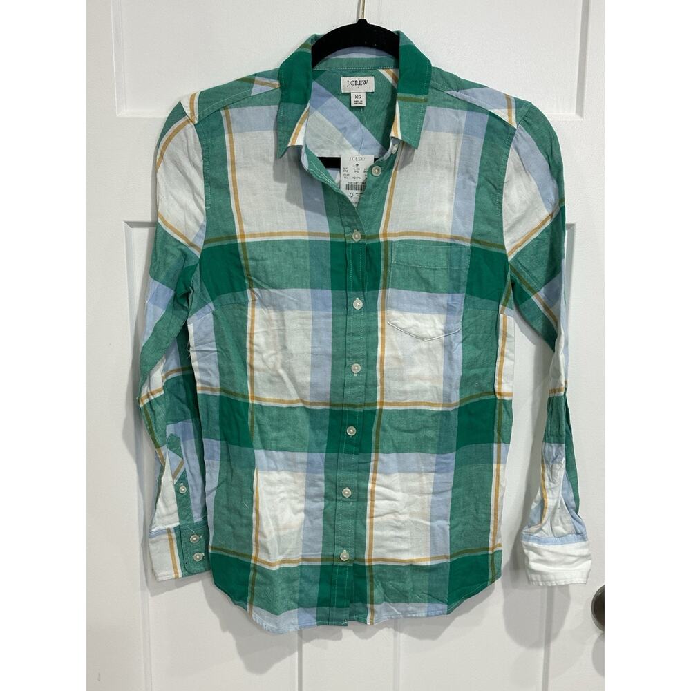 NWT J Crew Women's Green/Blue Plaid/Flannel Shirt Sz XS Cotton Soft Boyfriend